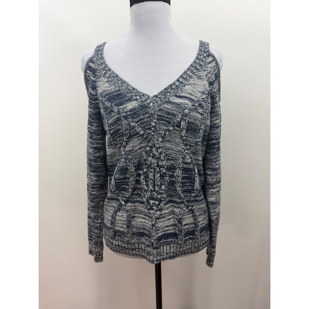 Guess Los Angeles Womens Blue Space Dye Cold Shoulder Cable Knit Sweater Medium